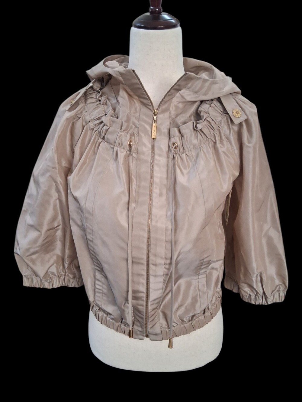 ST. JOHN Taupe Tan Hooded Lightweight Jacket Cropped Ruched 3/4 Sleeve Size XS